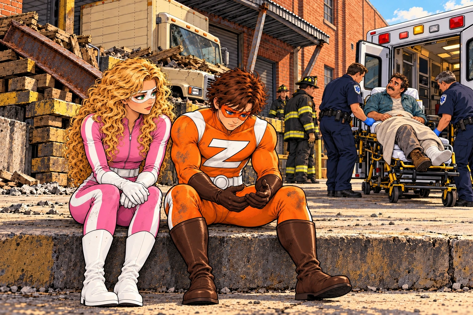 Zerdo and Pink Blur sit tired and subdued on the curb while paramedics attend the rescued worker behind them.