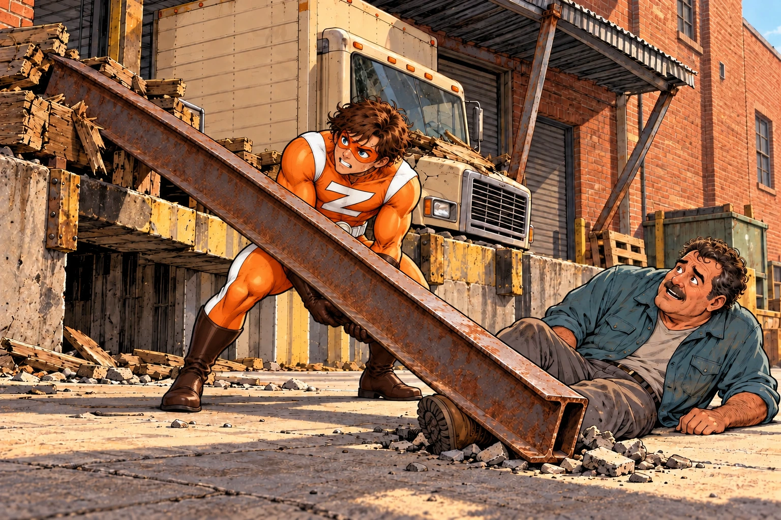 Zerdo strains to lift the fallen steel beam, which runs clearly in front of him, while the trapped worker waits beside the loading platform.