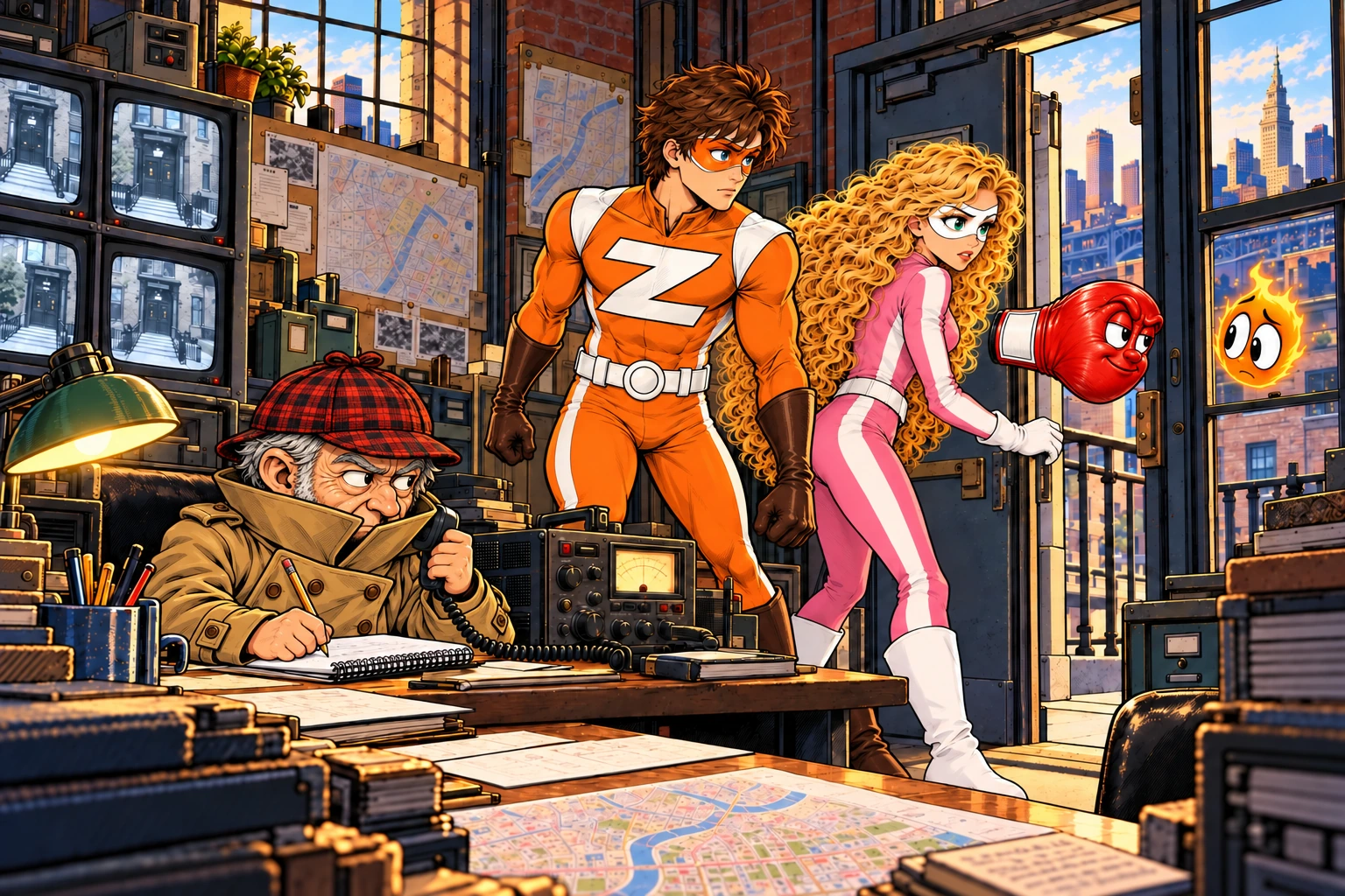 Billy takes a rescue call as Seth, Pink Blur and Fist prepare to leave the facility; diminished Flaming Head watches by the window.