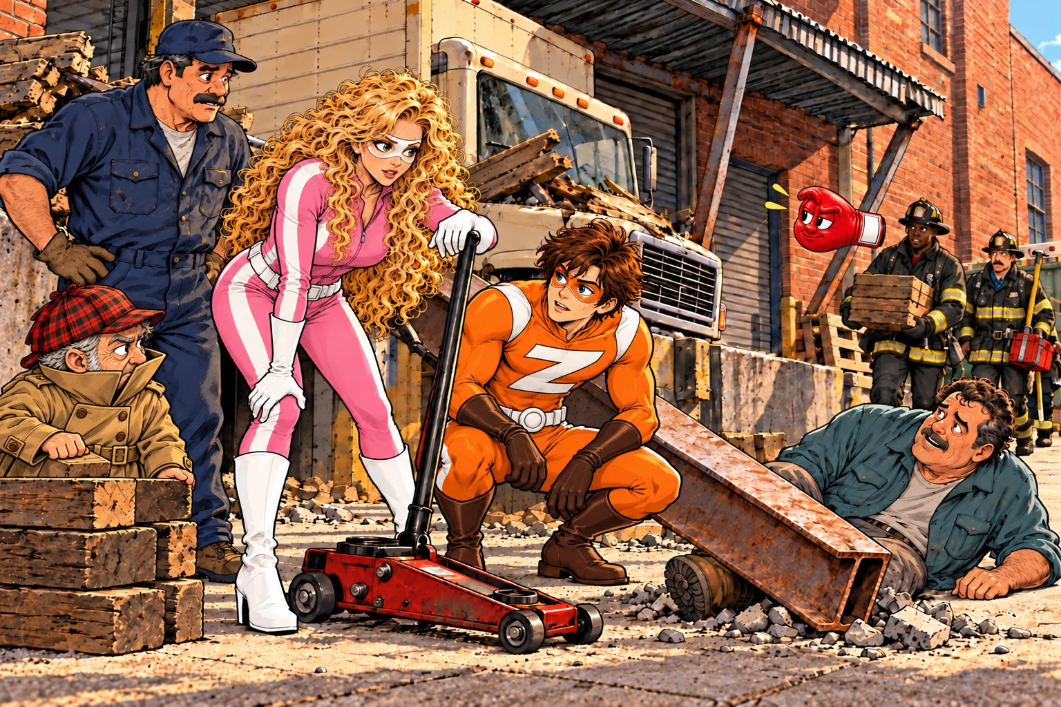 Exhausted Pink Blur returns with a trolley jack while Zerdo checks on her and Billy prepares timber supports. Fist guides the firefighters, facing left with his red cuff and inset white panel trailing behind him on the right.