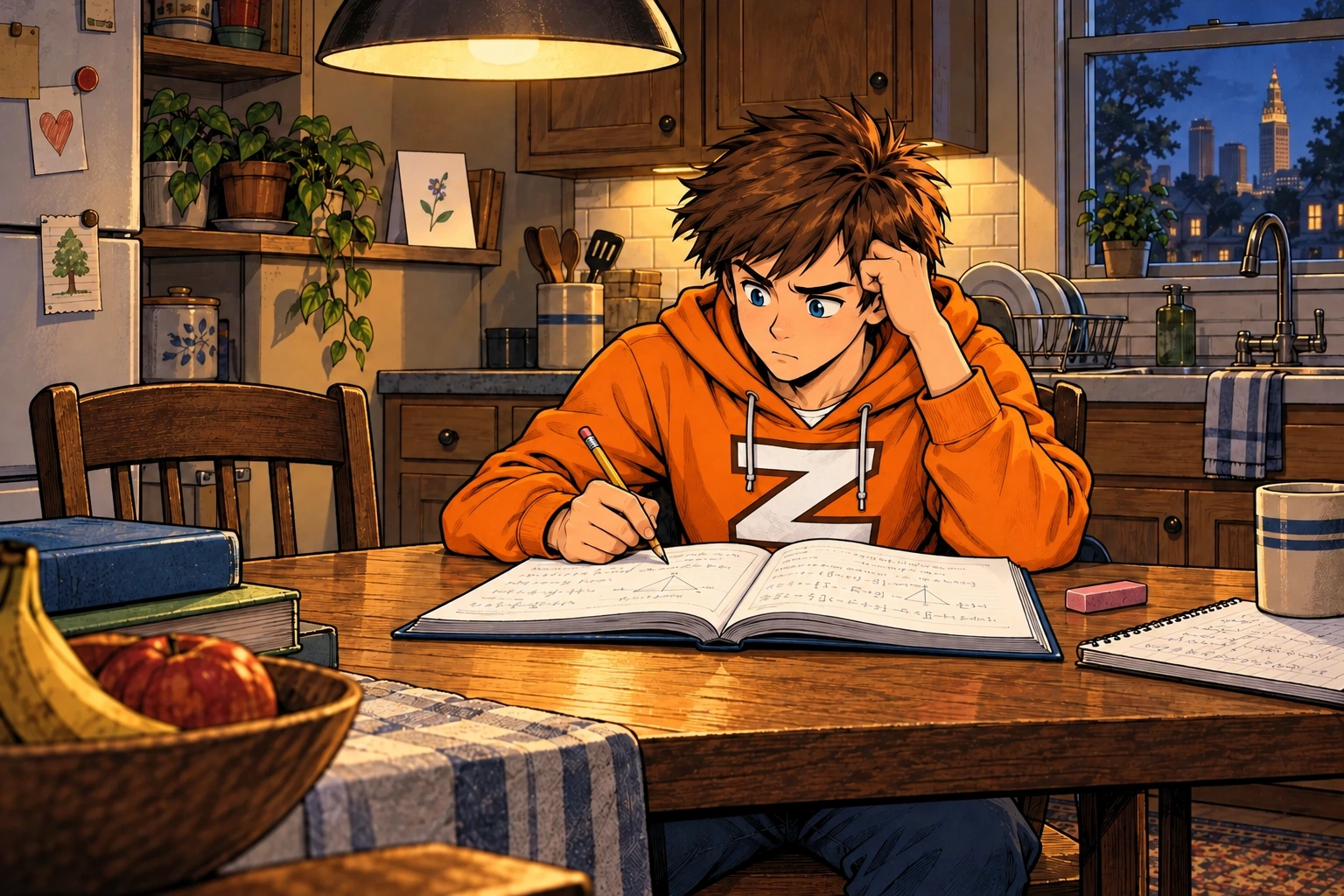 Civilian Seth in his orange hoodie works on math homework alone at a softly lit kitchen table. An empty chair sits nearby, and a kept birthday card stands on a shelf.
