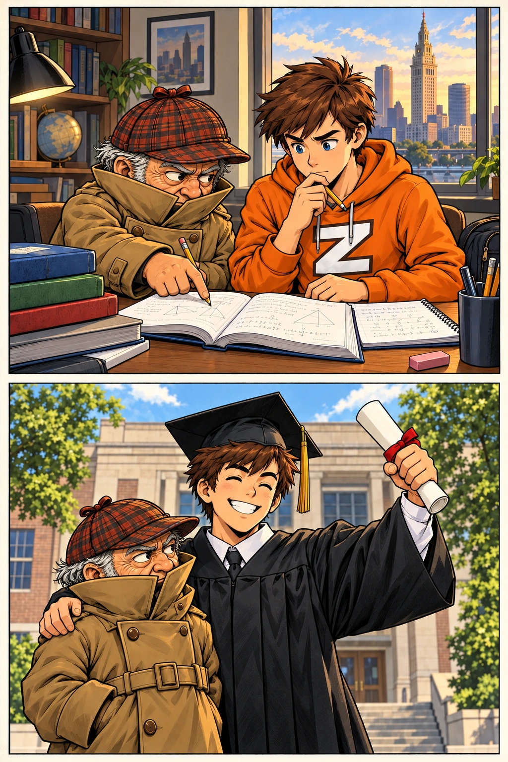 Billy tutors Seth in his office overlooking Cleveland, then stands proudly beside Seth in his graduation cap and gown.