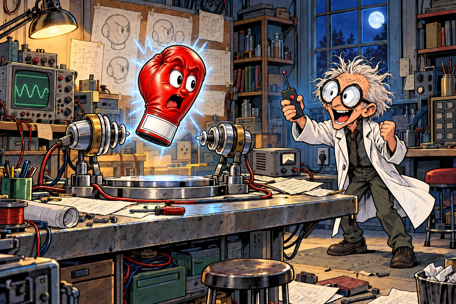 A newly living red boxing glove with enormous eyes and an empty white cuff hovers above Daniel Orkleson’s experiment table.