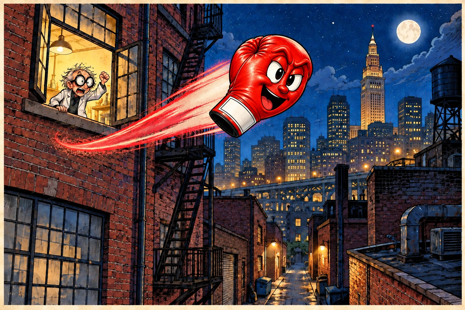 The living boxing glove flies out of the laboratory window over a Cleveland alley while Daniel protests behind him.