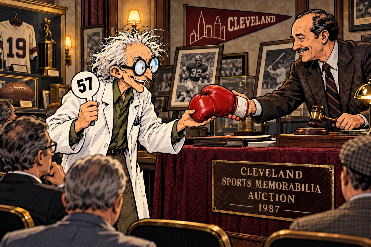 Daniel Orkleson buys an ordinary scuffed red boxing glove with a white cuff at a 1987 sporting memorabilia auction.