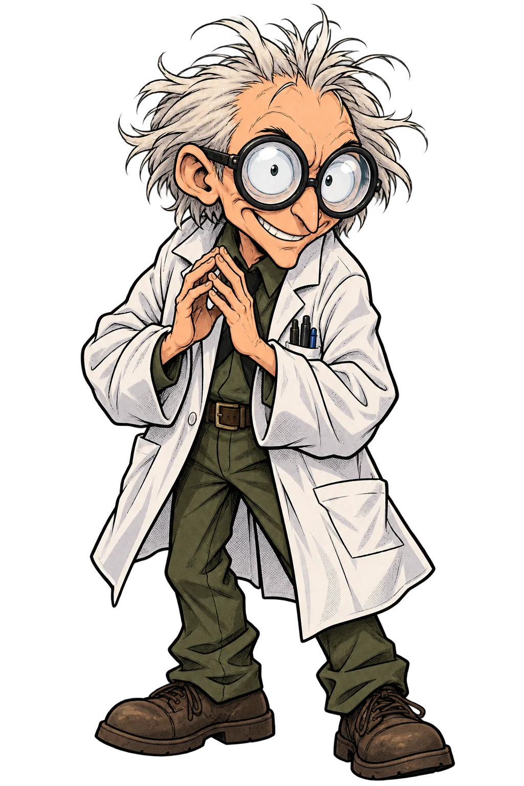 Doc Dork in a white lab coat and oversized round glasses.