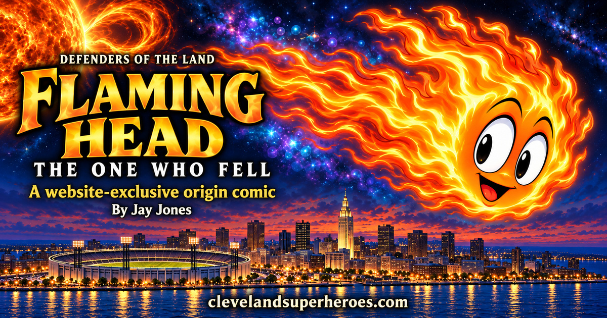 Flaming Head above Cleveland’s 1987 skyline, with the title The One Who Fell by Jay Jones.