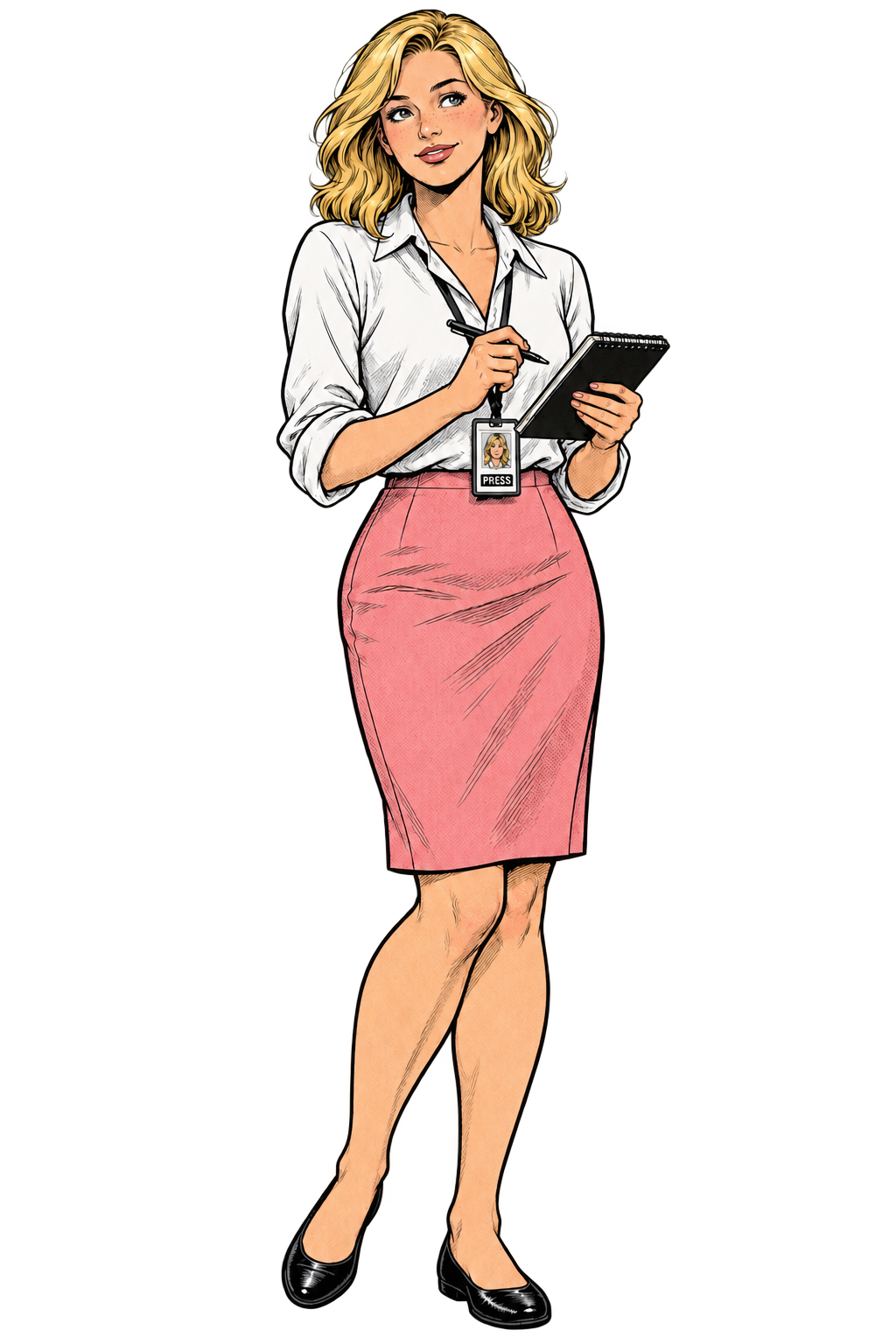 Jenny Jenkins in a white blouse and pink skirt.