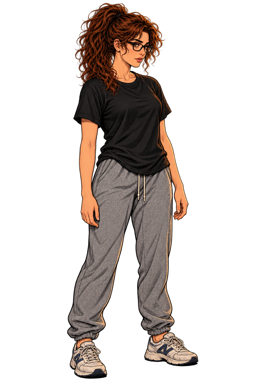 Laura Baxter wearing glasses, a black T-shirt and gray sweatpants.
