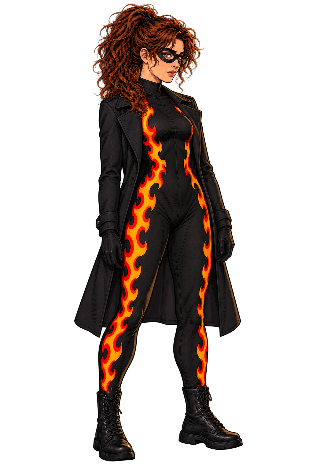 Lava Lips in a black mask, flame-patterned suit, black boots and open coat.