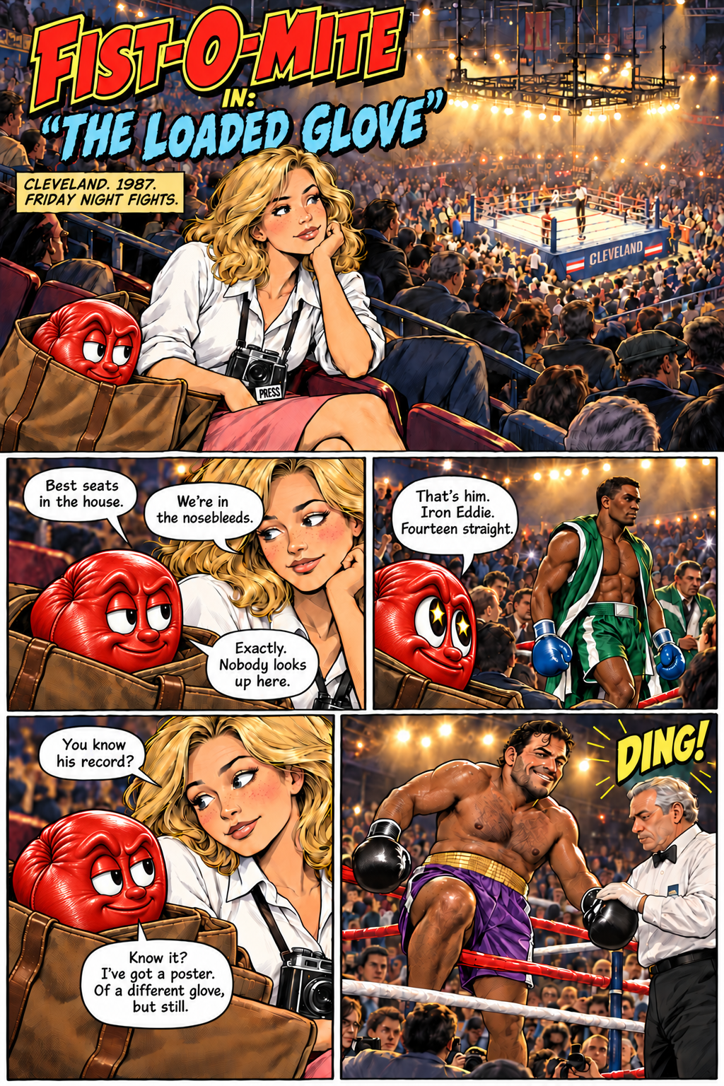 The Loaded Glove, page one. Jenny and Fist-O-Mite watch Iron Eddie Malone enter a crowded Cleveland boxing arena.