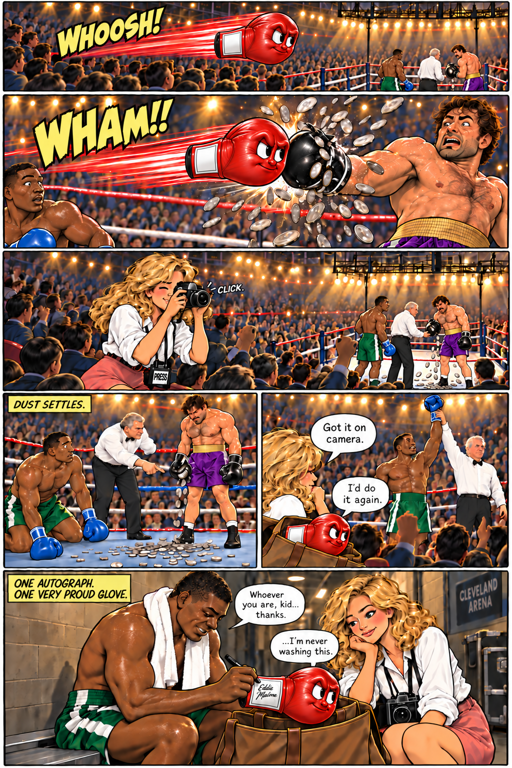 The Loaded Glove, page three. Fist exposes the coins in Dan’s glove, Jenny photographs the evidence, and Eddie signs Fist’s attached cuff.