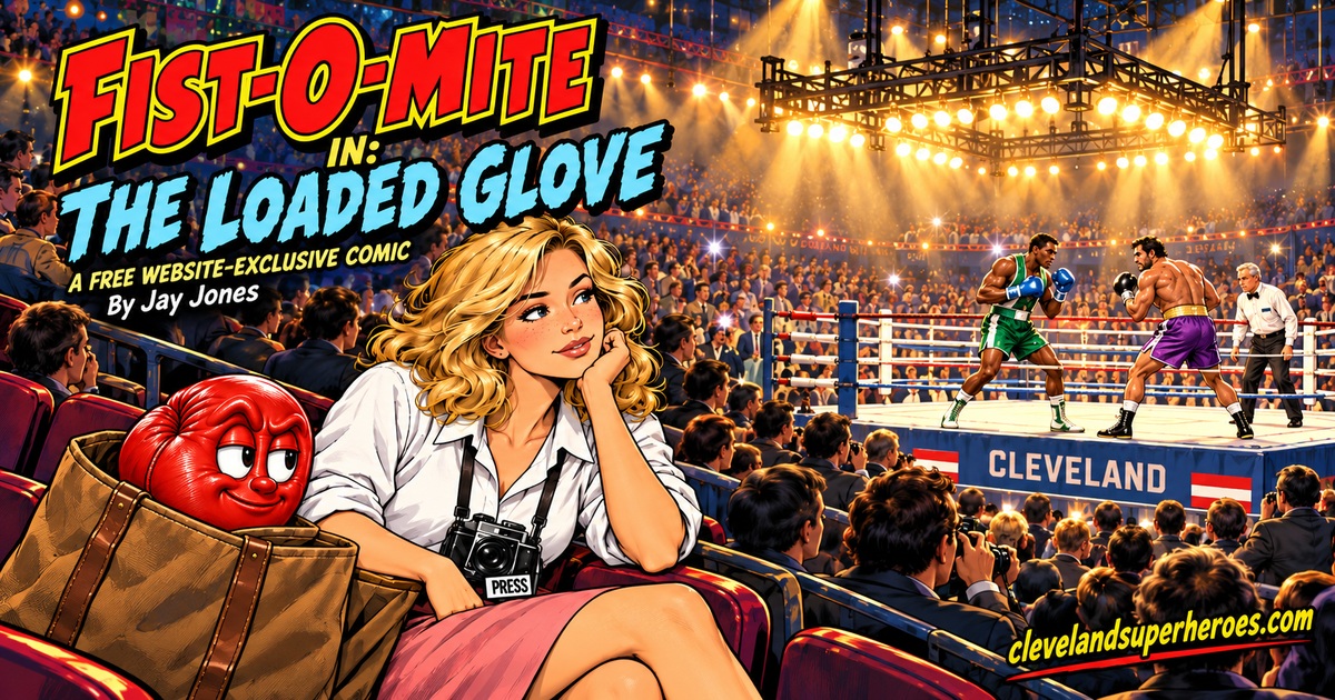 Fist-O-Mite and Jenny watch a Cleveland boxing match beneath the title The Loaded Glove, a free website-exclusive comic by Jay Jones.