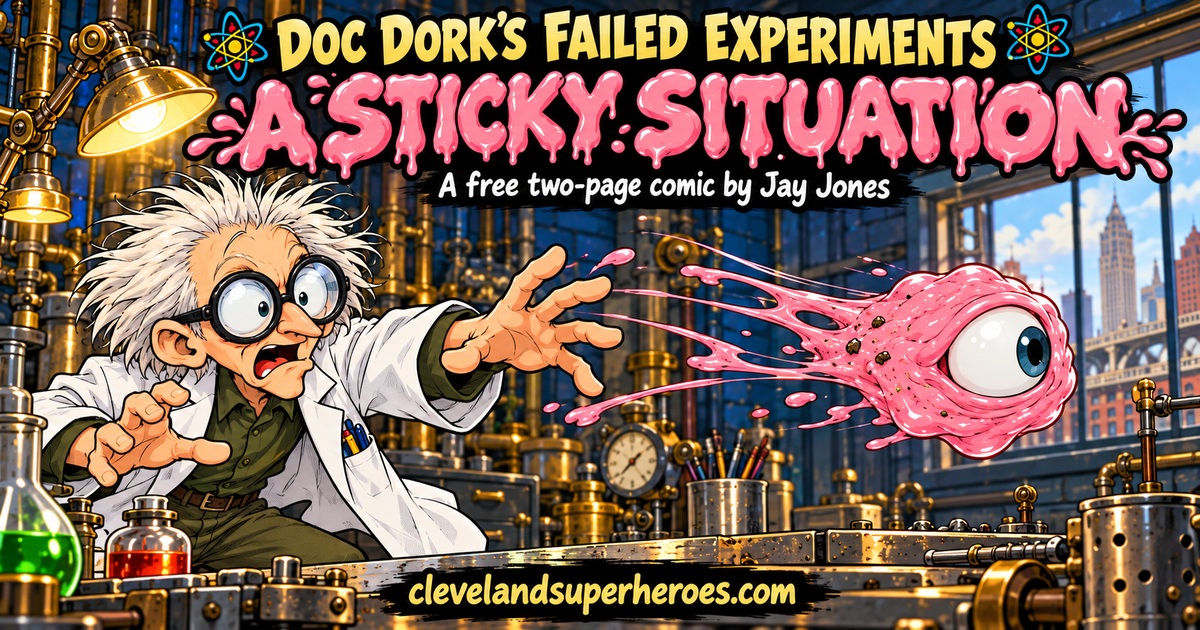 Doc Dork reaches for a flying pink one-eyed piece of gum beneath the title A Sticky Situation, a free two-page comic by Jay Jones.