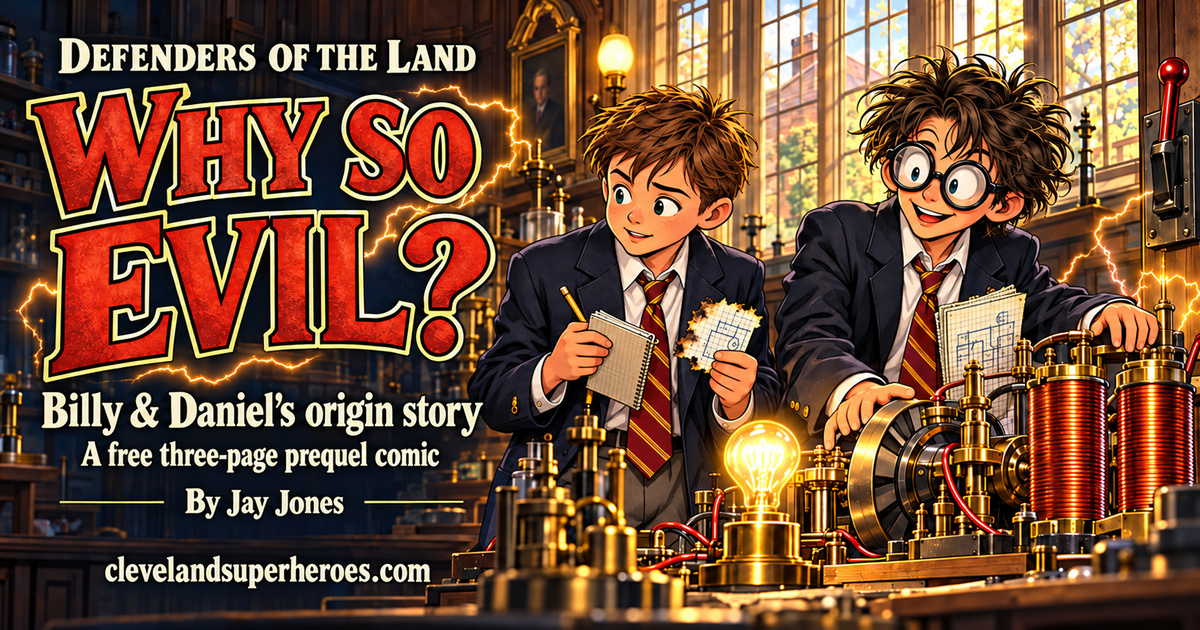 Young Billy Warrner and Daniel Orkleson with an electrical invention beneath the title Why So Evil?, a three-page prequel comic by Jay Jones.