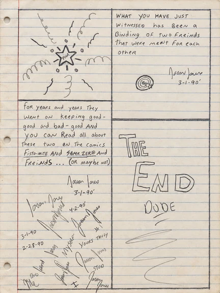 Original notebook comic closing page: narration about the bond between two friends, signatures and dates, and large handwritten words The End Dude.