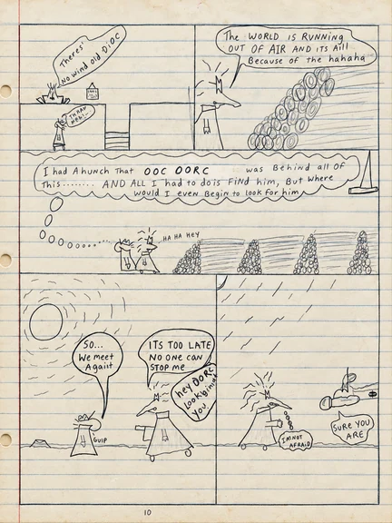 Original notebook comic page 10: a villain boasts that the world is running out of air as Inspector Billy confronts him.