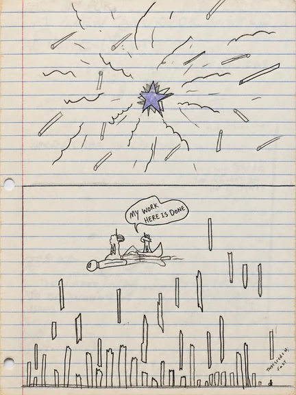 Original notebook comic page 11: a large pencil-and-colored-pencil explosion above a city skyline and Inspector Billy’s closing remark.