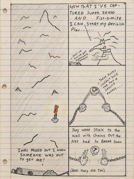 Original notebook comic page 13: Doc Dork announces the capture of Super Zerdo and Fist-O-Mite, who are chained against a wall.