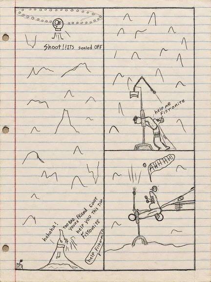 Original notebook comic page 14: an unusual mountain landscape, a shot missing its target and Fist-O-Mite attacking a figure.