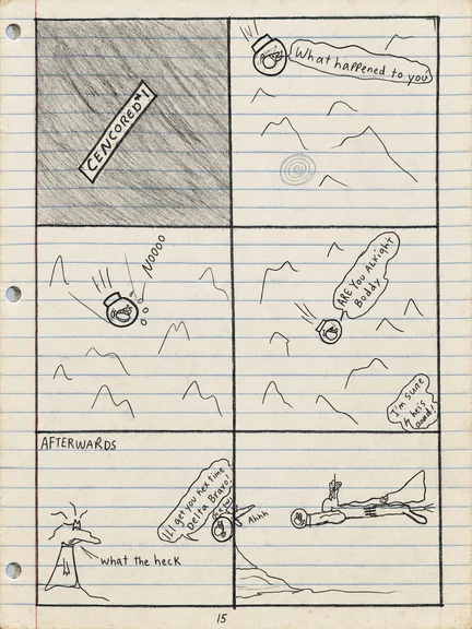 Original notebook comic page 15: Super Zerdo and Fist-O-Mite exchange handwritten dialogue in the mountains, followed by an Afterwards panel.