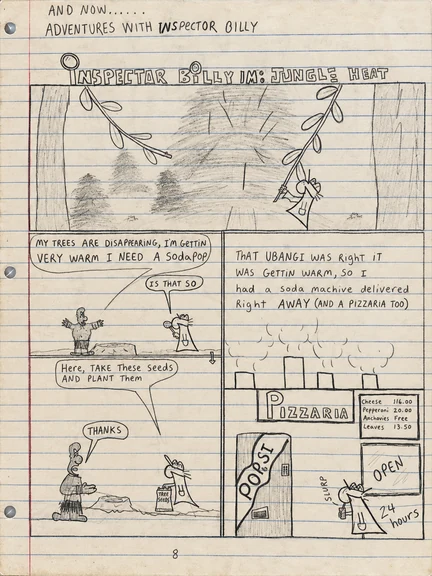 Page 8 of the 1990 notebook comics, featuring Inspector Billy and Jungle Heat