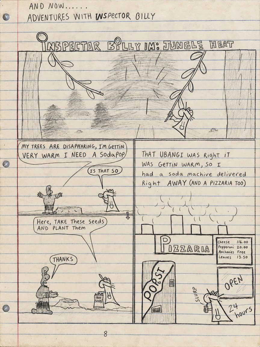 Original notebook comic page 8: Inspector Billy introduces Jungle Heat, investigates disappearing trees and orders refreshments.