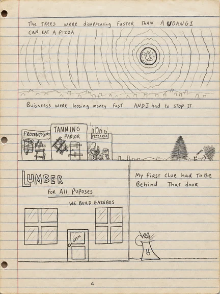 Original notebook comic page 9: disappearing trees, shopfronts and Inspector Billy investigating a lumberyard.